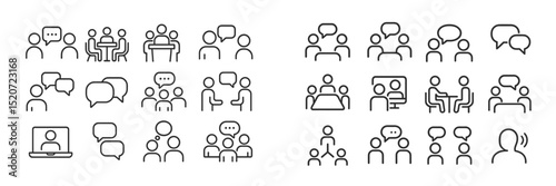 Group discussions and conversations represented through simple line drawings showcasing various social interactions and settings