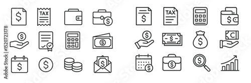 Icons representing finance, tax, and budgeting concepts in a minimalistic design suitable for digital applications and resources