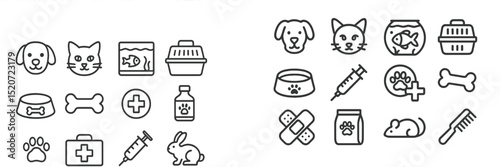 Collection of pet icons showcasing animals, veterinary tools, supplies, and care essentials for pet health and well-being
