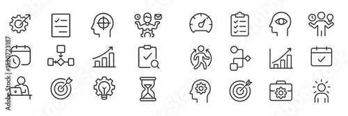 Icons representing business concepts including planning, metrics, teamwork, and productivity displayed on a minimalistic background