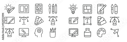 Creative design tools and icons arranged in a structured format for graphic designers in a workspace environment