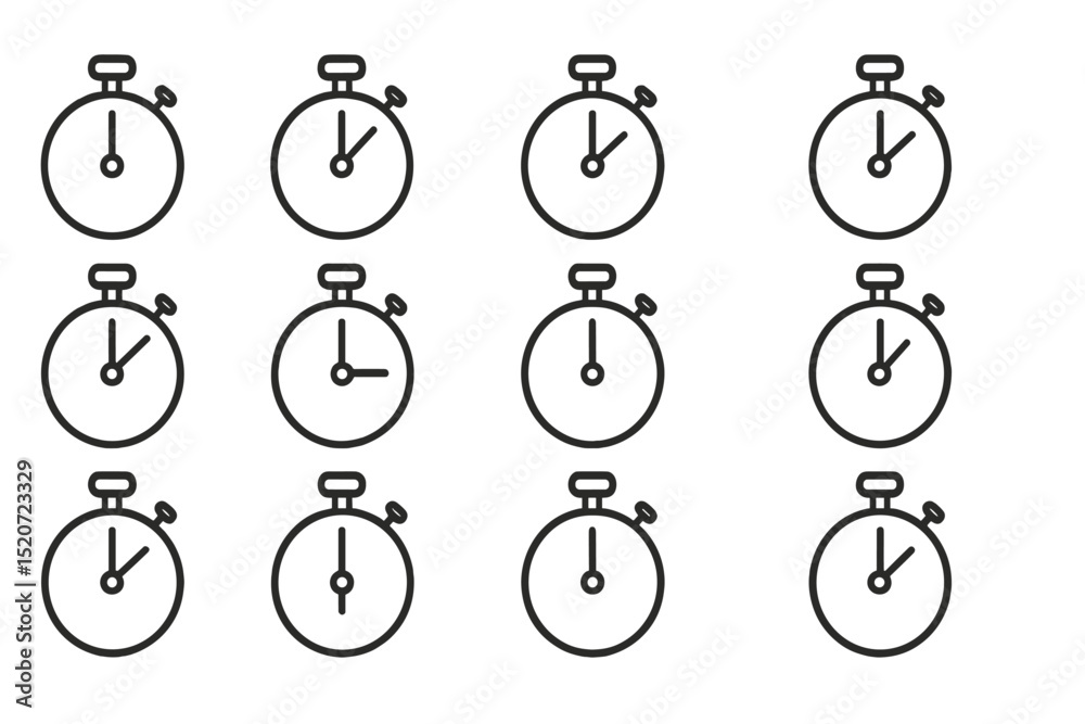 Collection of stopwatch illustrations arranged in a grid pattern showcasing the concept of time and timing in a minimalist style Collection of stopwatch illustrations arranged in a grid pattern showcasing the concept of time and timing in a minimalist style