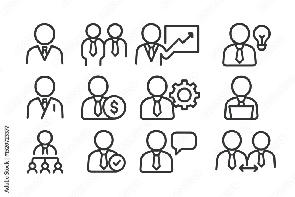 Business icons representing various roles and activities in a corporate environment at any time of day Business icons representing various roles and activities in a corporate environment at any time of day