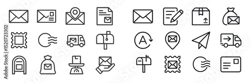Various icons representing mail, delivery, and communication systems in a minimalist design