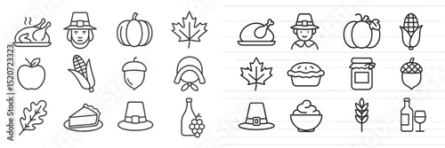 Thanksgiving celebration icons featuring foods, autumn leaves, and festive symbols on a background of lined paper