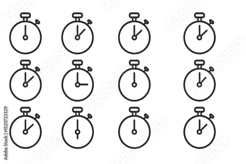 Collection of stopwatch illustrations arranged in a grid pattern showcasing the concept of time and timing in a minimalist style
