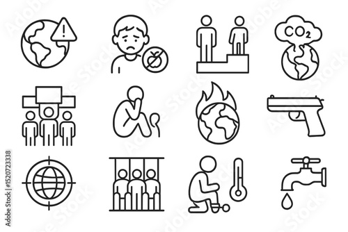 Illustration depicting environmental issues, social concerns, and political themes in a stylized graphic format