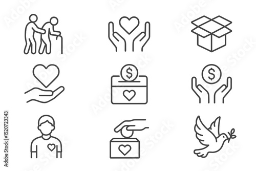 Nonprofit charity symbols depicting humanitarian efforts and community support through care and giving