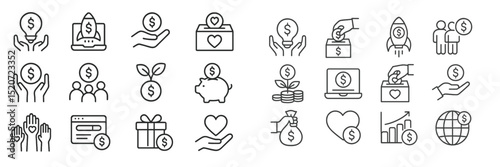 Icons representing various financial concepts and activities related to investment and donation presented in a minimalistic style