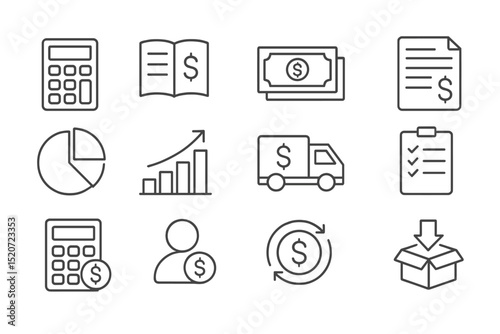 Financial planning icons showing budgeting, investment, and transaction processes in a simple line art style
