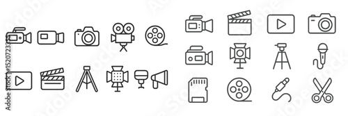 Collection of film and media icons showcasing various recording and editing equipment in a minimalist design