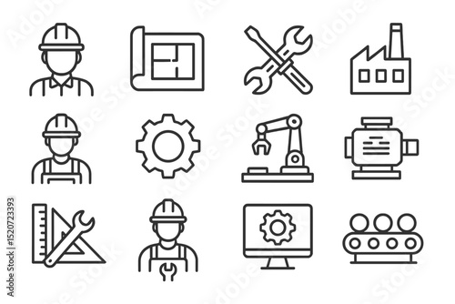 Construction and engineering icons represent tools, machinery, and skilled workers in a modern industrial environment