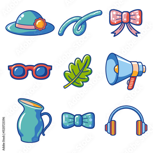 Cute cartoon vector set: hat, bow, glasses, sunglasses, leaves, megaphone, jug, headphones