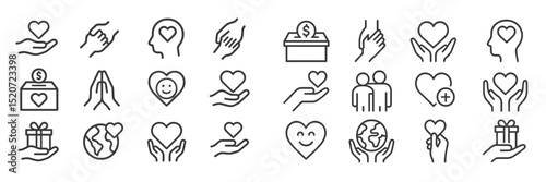 Collection of heart-themed icons showcasing love, giving, and charity in various contexts and activities
