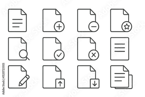 Collection of document icons in a neat grid layout showing various actions and features for file management