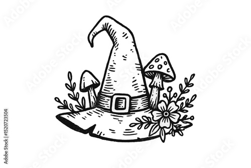 Creative witch hat design surrounded by mushrooms and flowers in a whimsical style for Halloween
