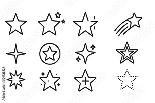 Collection of hand-drawn star illustrations featuring various styles and designs suitable for creative projects and artistic expressions