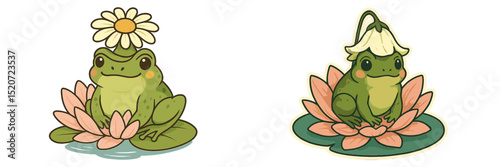 Cute frogs sitting on lotus flowers with floral hats in a whimsical pond setting capturing a serene moment