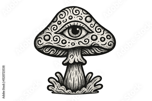 Intricate mushroom illustration featuring a central eye design and swirling patterns on a white background