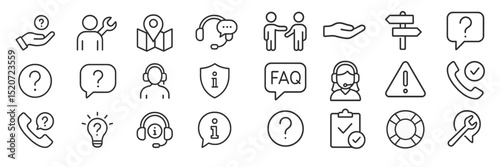 Collection of customer service and support icons illustrating various communication and information options for assistance