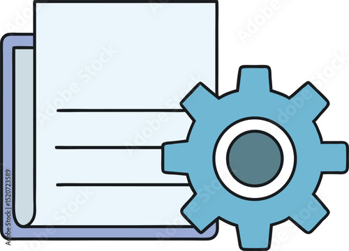 Document settings icon with gear and file paper illustration. Perfect for software configuration, file management, or admin control visuals. Clean flat vector for digital interface concepts.