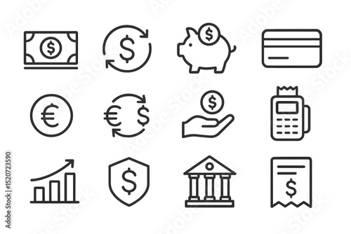 Financial icons depicting currency exchange, banking, and money management in a modern design layout