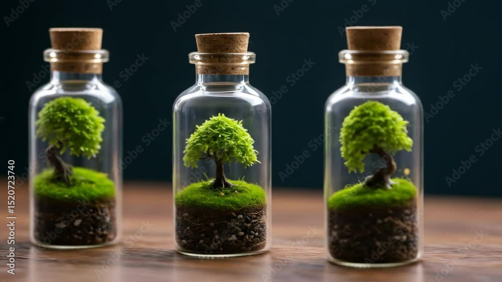 Miniature bonsai trees in glass bottles
