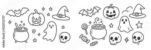 Creative Halloween-themed doodles featuring ghosts, pumpkins, skulls, and more in a whimsical arrangement