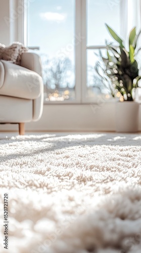 Sunlit off-white rug in a bright, minimalist living room, partially obscured by a light-colored sofa and a potted plant near a large window