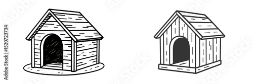 Two simple wooden dog houses designed in a minimalistic style, showcasing different shapes and structures for pets in need of shelter