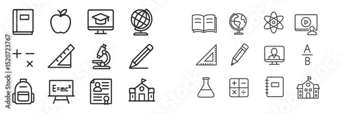 Collection of educational icons illustrating various subjects and activities related to learning and school environments