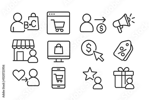 Ecommerce icons representing shopping, transactions, and customer engagement in digital marketplace