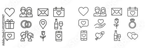 Various love-themed icons featuring couples, gifts, and romantic symbols set against a clear background