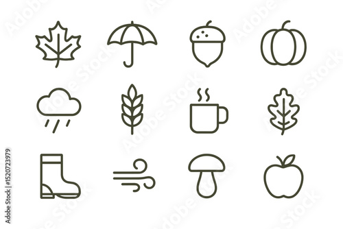 Fall symbols collection showcasing nature's beauty and seasonal changes in simple line art style