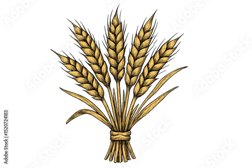 Wheat stalks tied together in a bunch representing agricultural harvest during late summer season