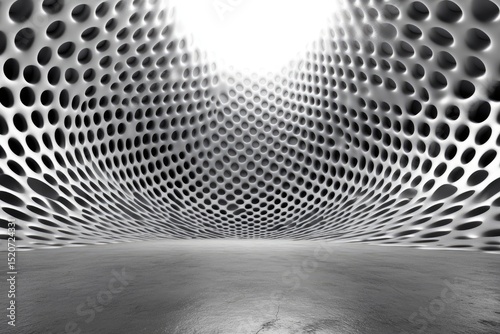 Abstract metallic tunnel with perforated walls curving towards a bright light source, creating a sense of depth and spaciousness on a gray floor