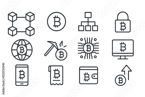 Visual representation of cryptocurrency concepts including blockchain and Bitcoin in various forms
