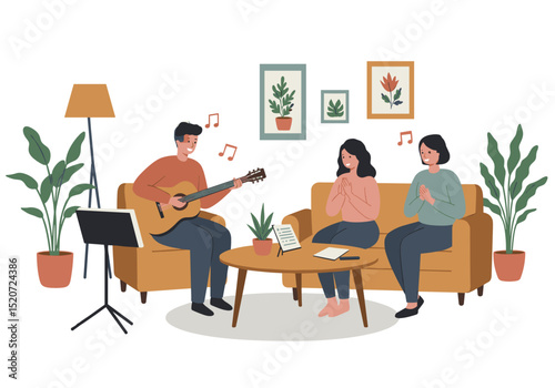 Man playing guitar for two women enjoying music at home  