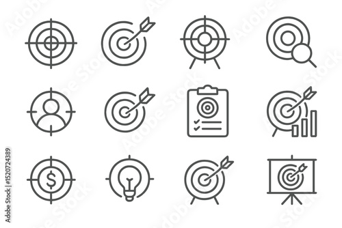Collection of target icons illustrating various concepts like goals, achievements, and performance metrics in a minimalist style