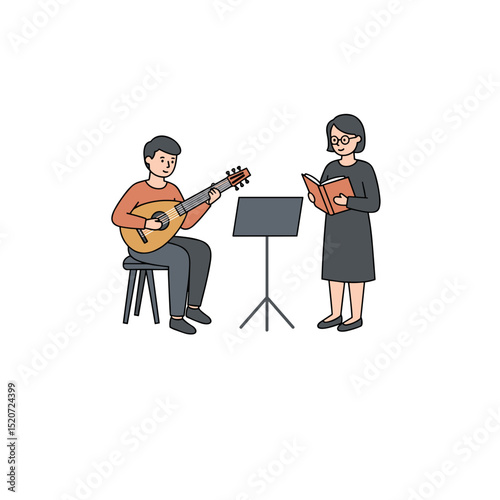 Man playing guitar while woman singing from a music book in lesson  