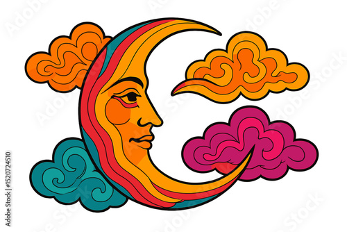 Brightly colored crescent moon design surrounded by stylized clouds, showcasing artistic expression and vibrant color palette