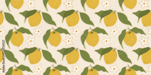 Seamless pattern with ripe lemons, green leaves and white citrus flowers. Citrus background. Hand-drawn boho summer fruit design. Perfect for textiles, packaging, wallpaper, and wrapping paper.