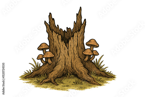 Detailed illustration of an old tree stump surrounded by mushrooms and grass in a forest setting during daylight