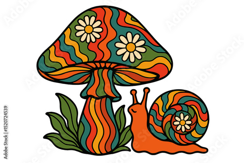 Colorful mushroom with flowers and a whimsical snail in a vibrant design