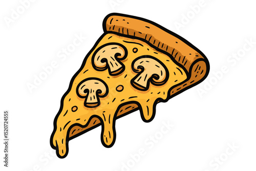 Delicious slice of cheese pizza topped with mushrooms in a vibrant cartoonish style
