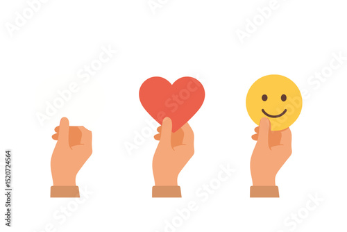 Hands displaying symbols of love, joy, and peace against a simple white background in an illustrative graphic