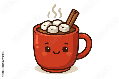 Warm cup of hot chocolate with marshmallows and a cinnamon stick on a cozy winter day