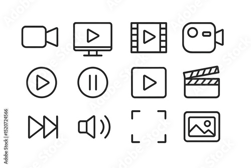 Collection of multimedia icons for playback, editing, and recording functions in digital media applications