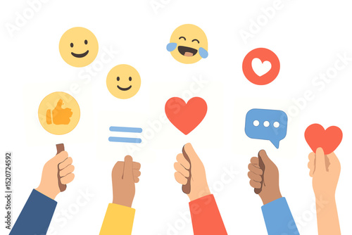 Hands displaying various emoji signs, showcasing emotions and reactions in a colorful and engaging manner