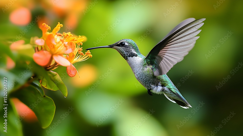 Naklejka premium A hummingbird in flight, feeding on a vibrant flower.